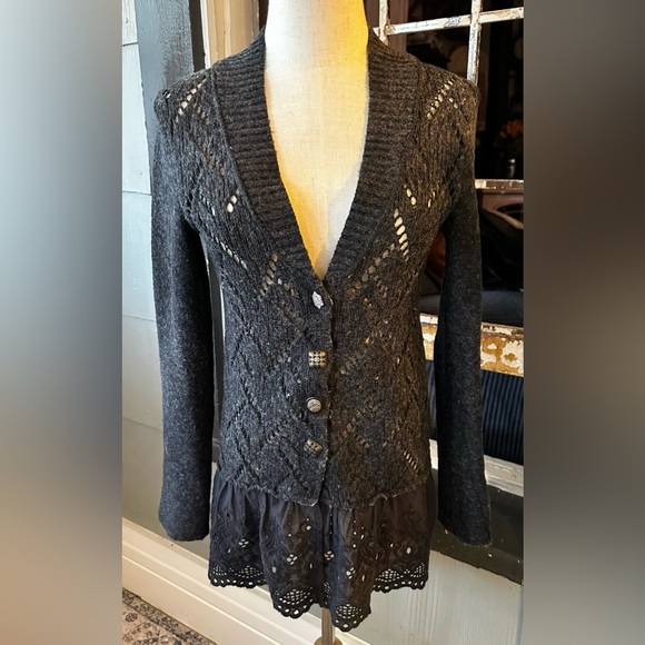 Free People Carbon Gray Pointelle Knit Cardigan with eyelet hem trim - Picture 2 of 9